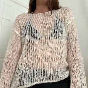 Brandy Melville White Crew Neck Sweater with Open Knit Design